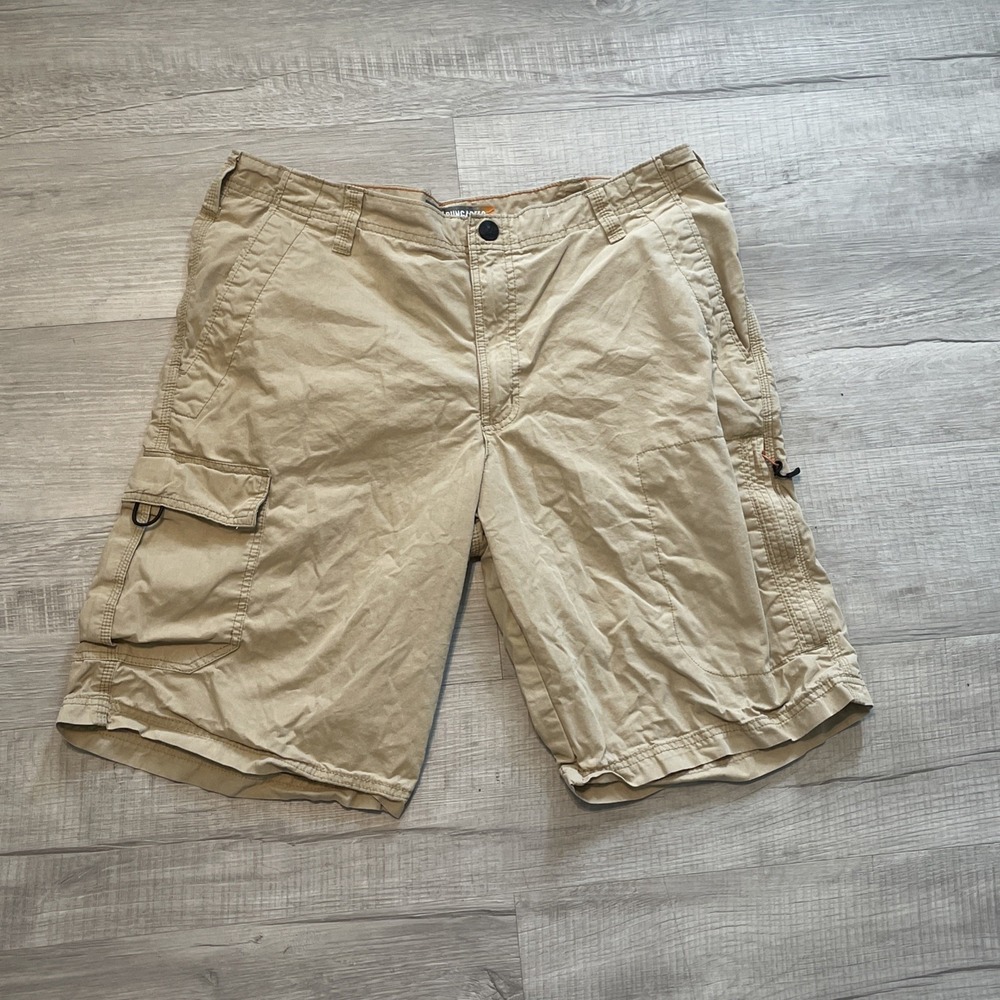Lee Dungaree Tan Flat Front Cargo Medium Wash Shorts Size 36 Zip Pocket‎ Snap